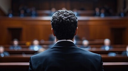 Judge or attorney speaking in a courtroom, seen from behind, audience members in blurred focus.