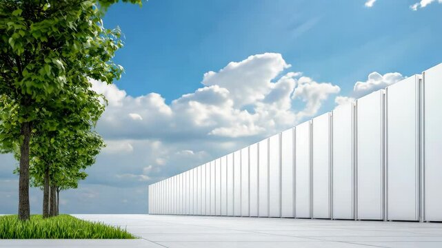 Row of White Panels Under Blue Sky with Green Grass and Trees in Foreground