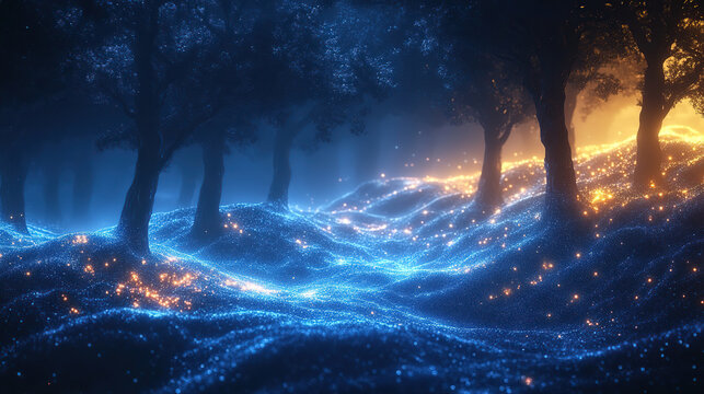 Fractal glowing trees in dark blue forest, holographic data flow effect, quantum technology theme, ultra wide 16:9 background