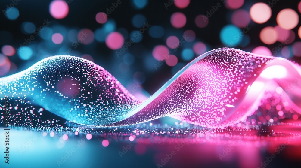 Poster abstract dynamic waves of neon like lines in shimmering pink and blue hues with a mesmerizing bokeh 