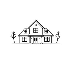 Minimalist black and white line art of a symmetrical house with two barren trees, simple design, front view.