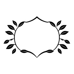 Elegant black-and-white symmetrical botanical frame design featuring stylized leaves and a shield-like shape, perfect for invitations.