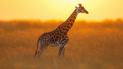 Obraz premium A giraffe standing in a field of tall grass. The sun is setting in the background, casting a warm glow over the scene