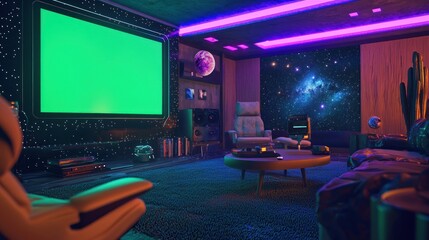 Retro Futuristic Home Theater Room Design: A blend of vintage and space-age aesthetics in a vibrant, neon-lit entertainment space.