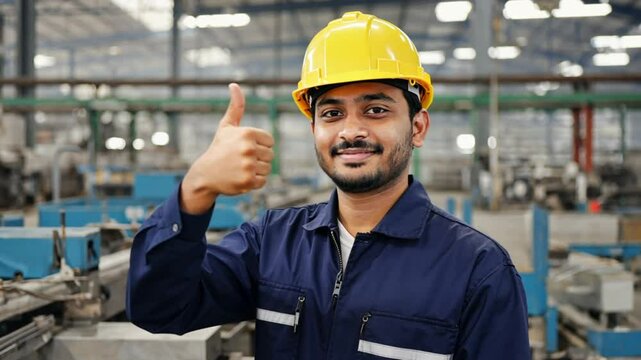 Cheerful Indian male industrial worker in safety helmet giving thumbs-up gesture in factory environment. Concept of positive attitude at work and employee satisfaction.