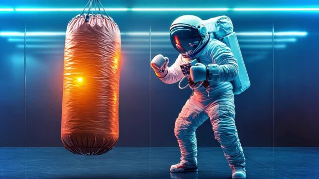 Astronaut training with punching bag in futuristic gym setting