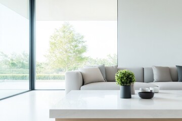 modern living room interior featuring sleek minimalist coffee table with assorted decor elements set against backdrop