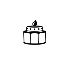 Minimalist Black & White Illustration of a Two-Tiered Cake with Flame-Shaped Decoration on White Background.