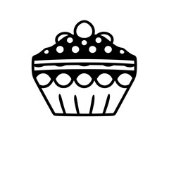 A bold, symmetrical black and white illustration of a cupcake, featuring stylized icing and a decorative base, set against a clean white background.