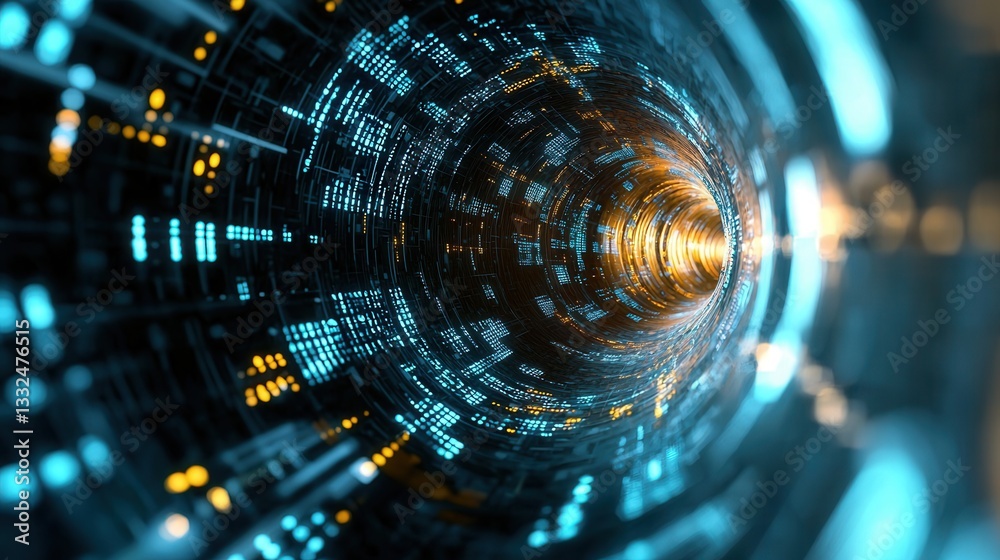 Poster a captivating abstract visual representation of an infinite glowing digital tunnel filled with strea