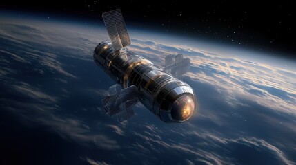 Fototapeta premium Space station orbiting Earth at dawn