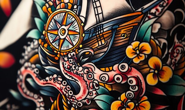 A Colorful Detailed Tattoo Depicting a Ship and an Octopus