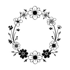 Detailed black and white floral wreath illustration with a variety of flowers, leaves, and buds arranged in a circular pattern, perfect for decorative purposes or a natural, elegant design.