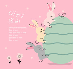 Cute Rabbits Climb, Hug And Lay On Corful Easter Egg, Vector Illustration