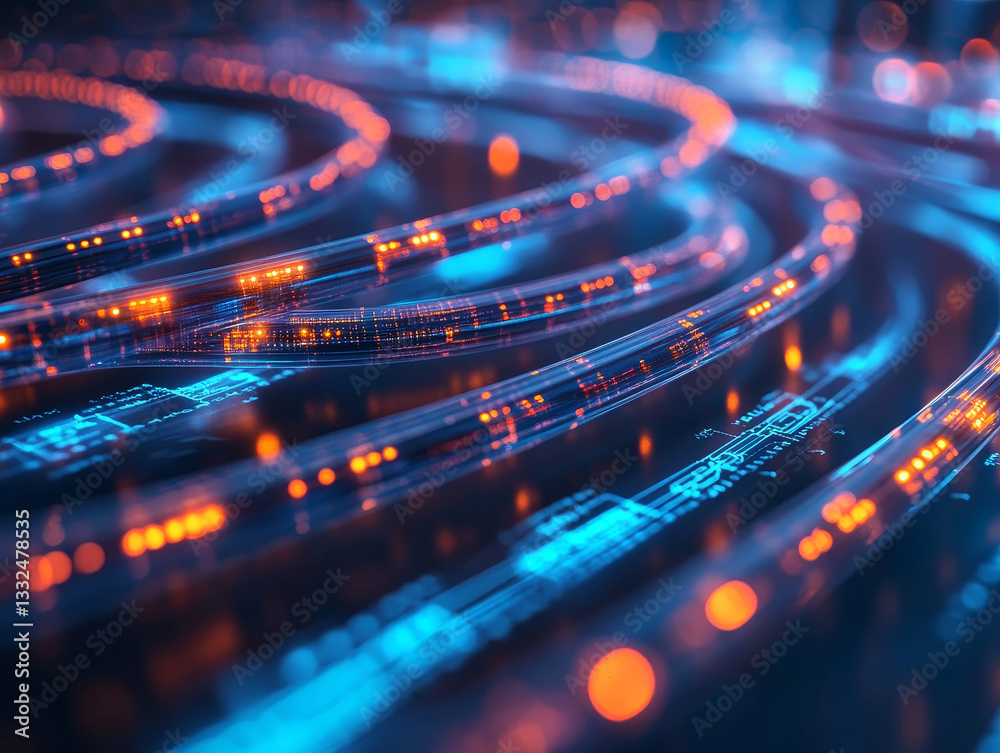 Poster digital data streams flowing through vibrant circuits, creating mesmerizing effect
