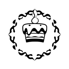 Elegant Black and White Birthday Cake Illustration with Ornate Frame and Single Lit Candle.