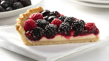 Slice of Mixed Berry Tart with Fresh Raspberries and Blackberries on Plate, Naturally Lit Scene