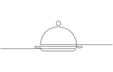 One line continuous waiter with tray closed lid restaurant concept, Continuous Line Drawing of Serving Icon. Hand Drawn Symbol Vector Illustration, Catering dish serving icon on the white background.
