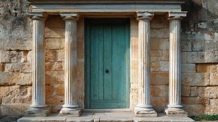 Naklejka premium Ancient stone doorway, columns, sunlight, historical site, possible use travel, educational