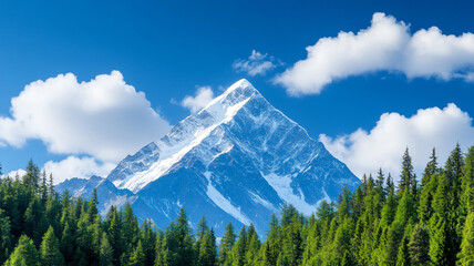 Majestic mountain peak surrounded by lush green forest and blue sky