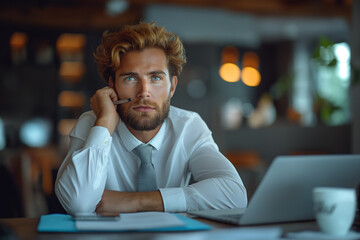 Obraz premium A man with a beard is sitting at a desk with a laptop and a cup