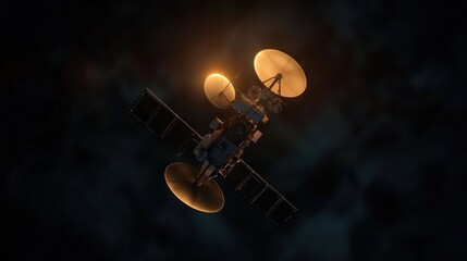 Naklejka premium Spacecraft in orbit, illuminated by distant sun, nebulae visible in background. Possible use Science, astronomy, technology