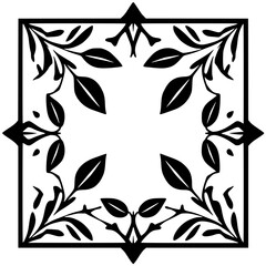 Elegant Black and White Geometric Floral Frame Design with Leafy Vines, Symmetry, and a Decorative Border.