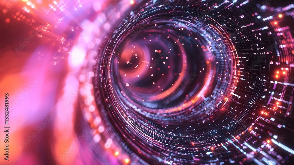 Poster vibrant and dynamic digital visualization of glowing points flowing through a futuristic tunnel like