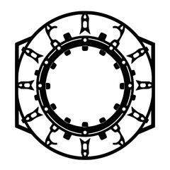 Obraz premium Intricate Black and White Circular Geometric Design with Gear-Like Elements and Decorative Framing.