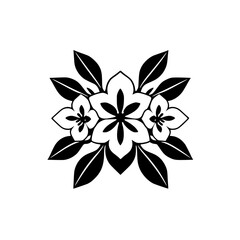 Elegant Black and White Floral Mandala Composed of Three Flowers and Surrounding Leaves on a Clean White Background.