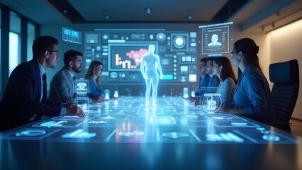 Medical Team Analyzing 3D Hologram of Human Body with Futuristic Interface in Modern Office. 