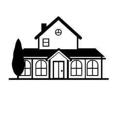 Minimalist Monochrome Illustration of a Two-Story House with a Chimney, Tree, and Arched Windows, Black and White Vector
