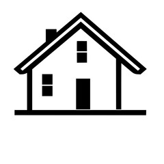 Minimalist Black and White House Illustration with Chimney, Gable Roof, Windows, and Door, Depicting Home.