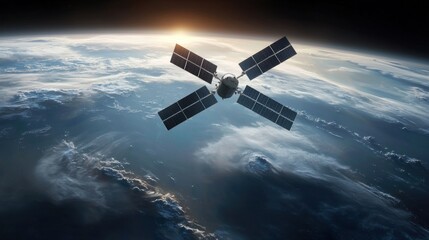 Obraz premium Satellite orbiting Earth, sunrise view, cloudscape background. Possible use Space exploration, science