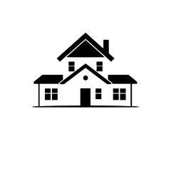 Minimalist Monochrome Illustration of a Two-Story House, Featuring Roof, Chimney, Windows, and Door on a White Background.