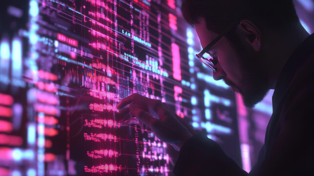A doctor analyzes a human DNA sequence on a futuristic virtual interface, representing genetic research and medical biotechnology - Powered by Adobe