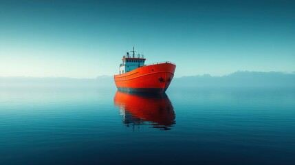 Fototapeta premium Red cargo ship on calm ocean at sunrise, reflecting in still water.