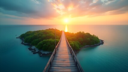 Obraz premium Idyllic Island Connected by Wooden Bridge at Sunrise. A Tropical Seascape Paradise with Azure Waters.