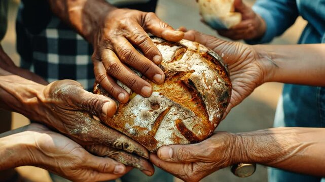 Multicultural hands come together to share a loaf, symbolizing aid and connection. World Humanitarian Day, August 19