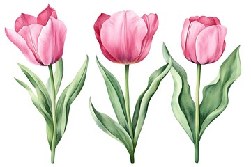Fototapeta premium Tulips flowers set. Hand-painted pink tulips in watercolor style, elegant floral design with pink petals and green stems