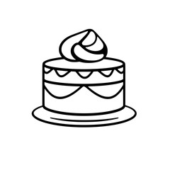 Simple Black and White Line Art Illustration of a Layered Cake with Swirl Icing on a Plate, Perfect for Designs