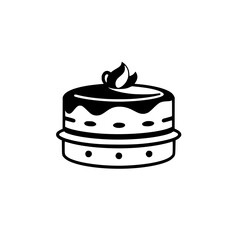 Minimalist black and white illustration of a layered cake with a leaf-like topping and decorative dots, set against a stark white background.