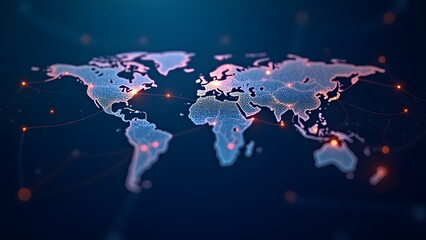 Fototapeta premium Abstract digital world map with glowing network connections on a dark blue background, representing global technology.
