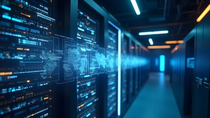 Obraz premium Modern Data Center with Rows of Servers for Cloud Computing and Data Storage