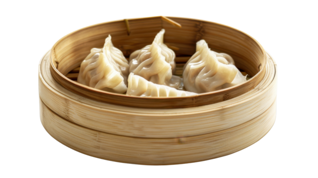 Steaming hot dumplings served in traditional bamboo steamer basket on transparent background