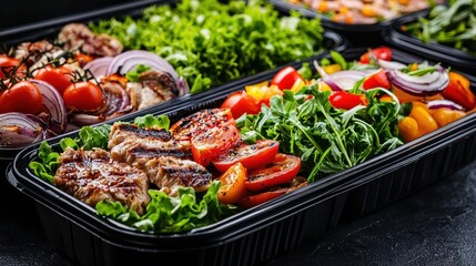 Obraz premium A vibrant assortment of fresh salads and grilled meats presented in black containers, showcasing colorful vegetables and greens.