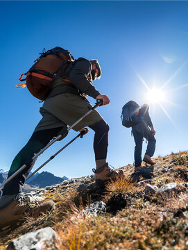 Senderista monta&ntilde;ero caminan por la monta&ntilde;a deporte  trekking 