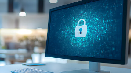 concepto de ciberseguridad a través de elementos gráficos que evocan protección digital. Se observa un escudo y un candado, integrados en un entorno de líneas de código y circuitos, lo que simboliza l