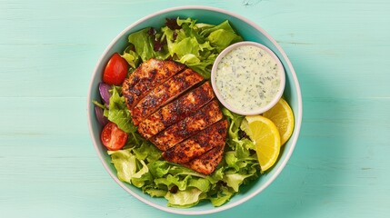 A vibrant salad bowl featuring grilled chicken, fresh greens, cherry tomatoes, lemon slices, and a creamy dressing, set against a light blue background.