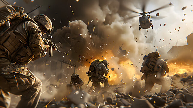 Escena de combate cuerpo a cuerpo en guerra moderna con apoyo de helic&oacute;ptero